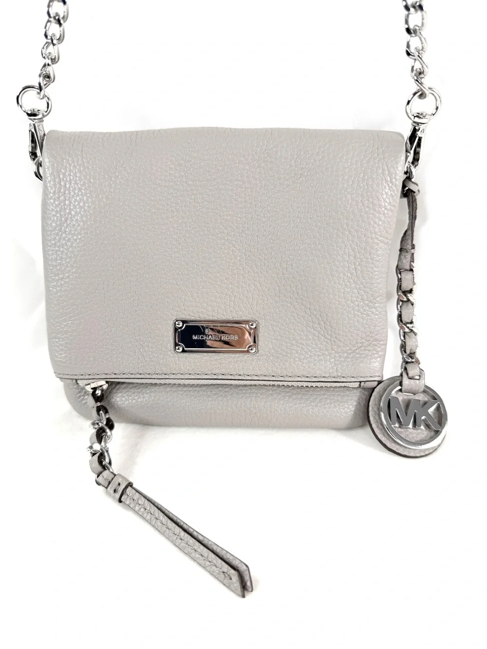Michael Kors Gray Leather Mini Fold Over Crossbody Bag Chain Strap Charm 1606